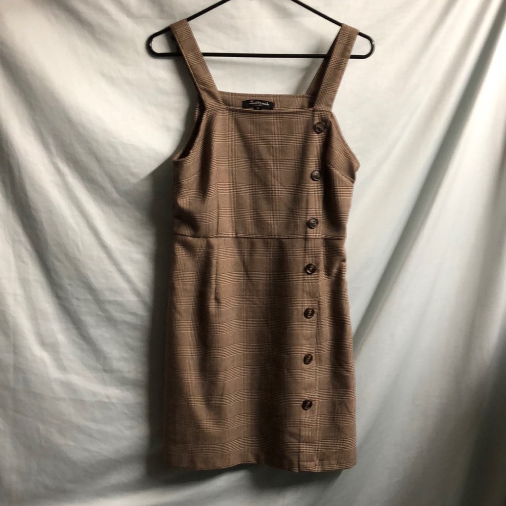 Cute brown plaid church school girl dress side zips faux buttons euc medium jrs